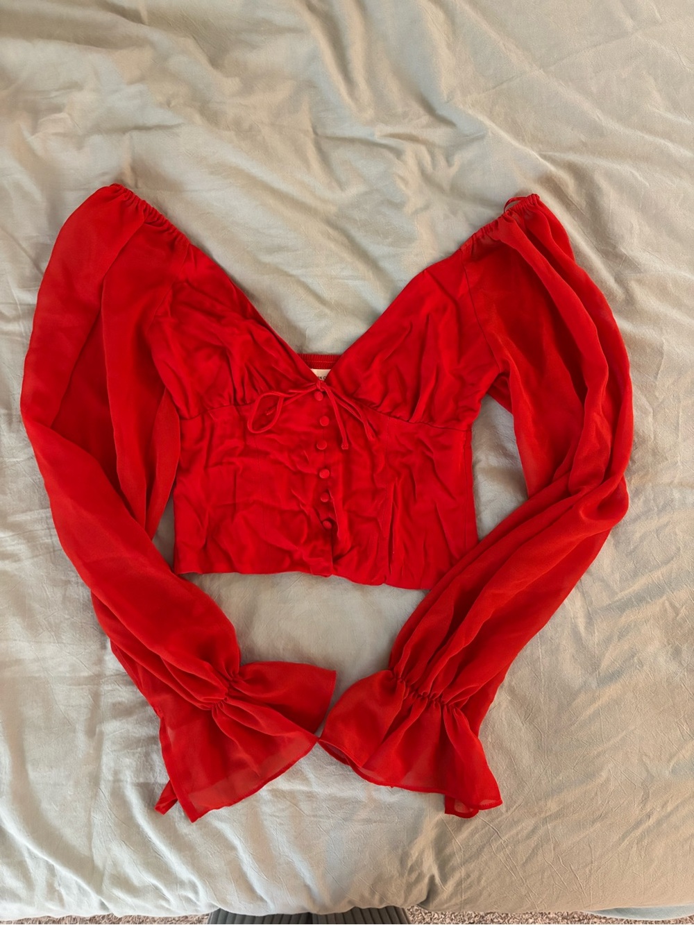 Urban Outfitters Red V-Neck Tie-Front Long Sleeve Crop Blouse